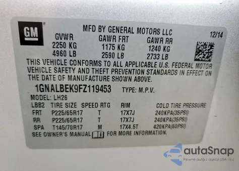 2015 Chevrolet Equinox Lt from USA, damaged, VIN 1GNALBEK9FZ119453